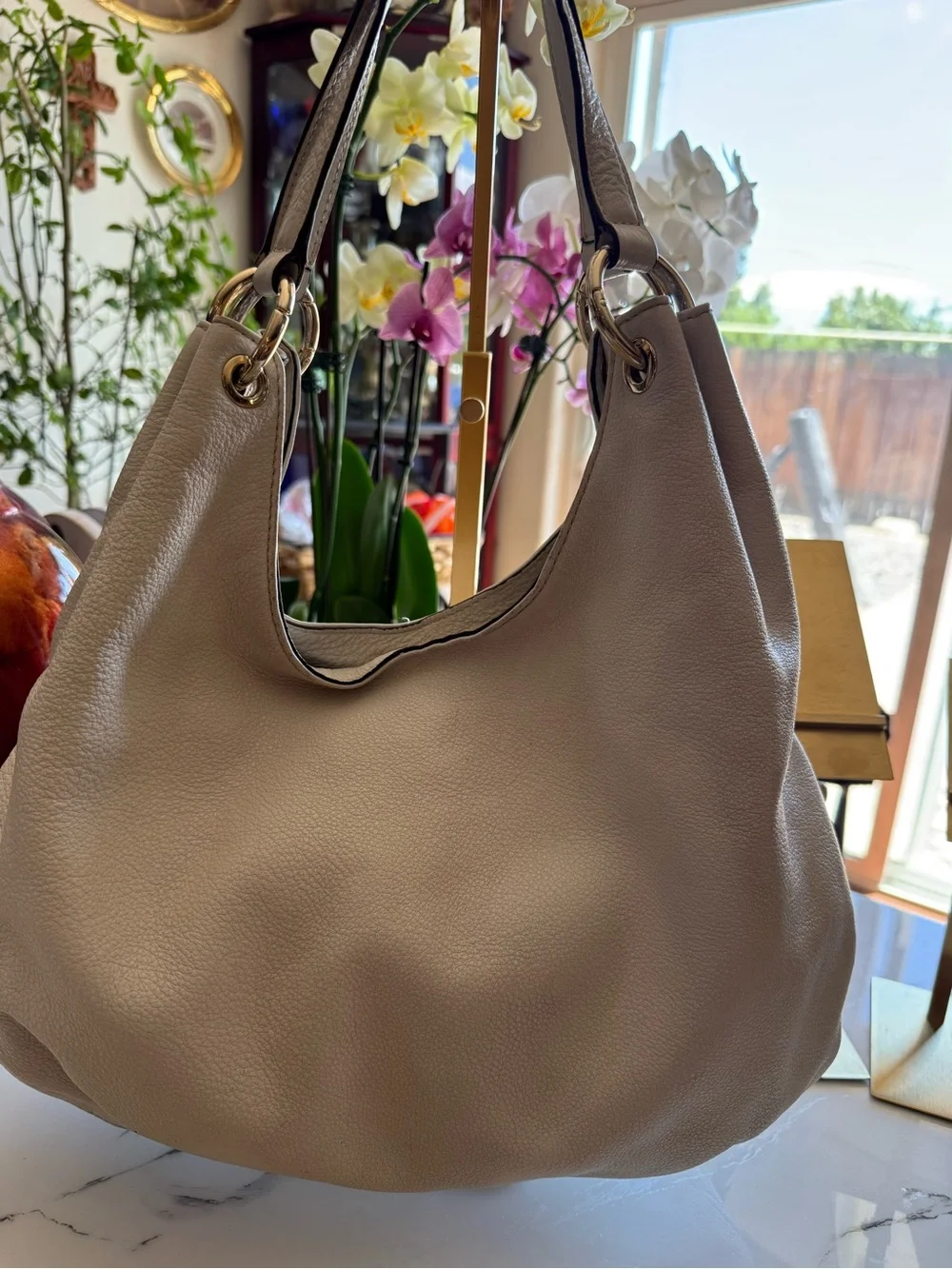 Michael Kors Beige Pebbled Leather Hobo with Tassel